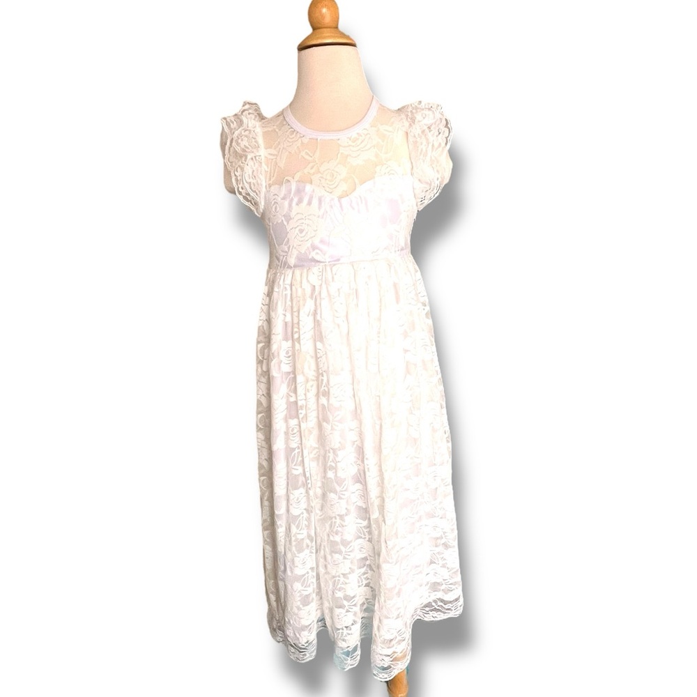 Think Pink Bows Girls 5 (euro Size 110)  Dress Sleeveless Long Cream/ White Lace